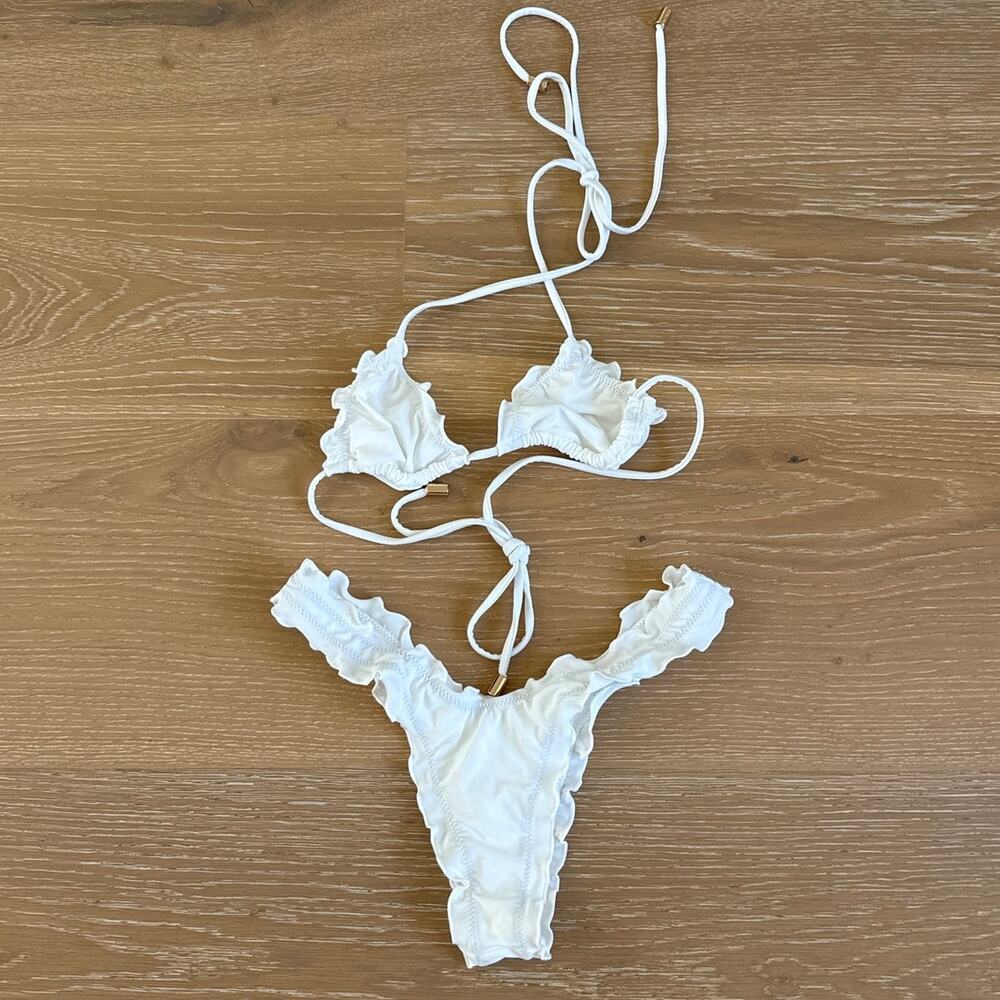 Hello Molly Bikini Halter Neck Lettuce Edge Ruched Sunny Squeeze Size XS White